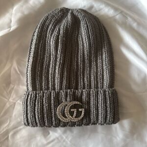 Upcycled Gray Ribbed Knit Beanie with GG pin